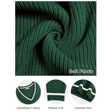Poetsky Women's Sweater V Neck Soft Knit Pullover Sweaters Long Sleeve Striped Colorblock Winter Sweater Tops, Green L