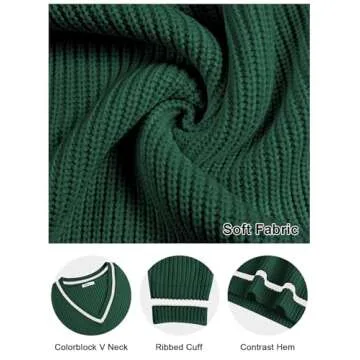 Poetsky Women's Sweater V Neck Soft Knit Pullover Sweaters Long Sleeve Striped Colorblock Winter Sweater Tops, Green L