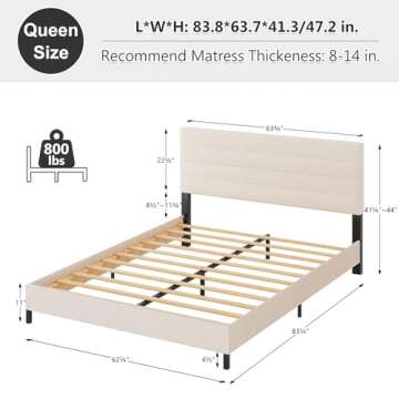 Furnihome Queen Bed Frame, Modern Upholstered Bed Frame with Adjustable Linen Headboard, Wooden Slat...