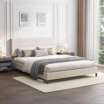 Furnihome Queen Bed Frame, Modern Upholstered Bed Frame with Adjustable Linen Headboard, Wooden Slats Support Platform Queen Size Bed Frames, No Box Spring Needed,Easy Assembly,Beige