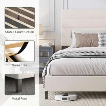 Furnihome Queen Bed Frame, Modern Upholstered Bed Frame with Adjustable Linen Headboard, Wooden Slats Support Platform Queen Size Bed Frames, No Box Spring Needed,Easy Assembly,Beige