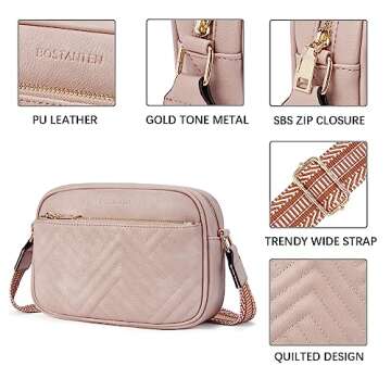BOSTANTEN Quilted Crossbody Bags for Women Vegan Leather Purses Small Shoulder Handbags with Wide Strap Pink