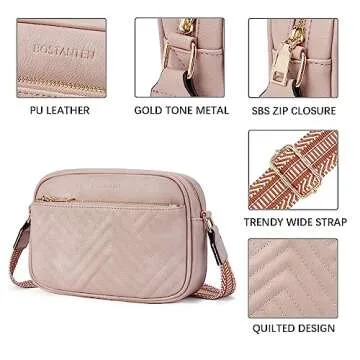BOSTANTEN Quilted Crossbody Bags for Women Vegan Leather Purses Small Shoulder Handbags with Wide Strap Pink