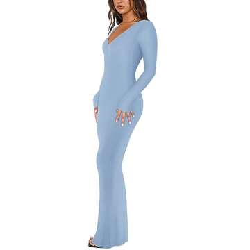 REORIA Women's Sexy Soft Lounge Ribbed Long Dress Fall Elegant Formal Wedding Guest Long Sleeve Deep...