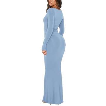 REORIA Women's Sexy Soft Lounge Ribbed Long Dress Fall Elegant Formal Wedding Guest Long Sleeve Deep V Neck Bodycon Maxi Dresses Blue Small