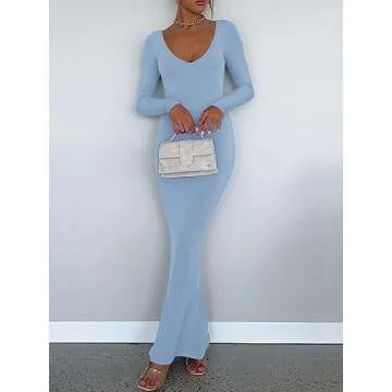 REORIA Women's Sexy Soft Lounge Ribbed Long Dress Fall Elegant Formal Wedding Guest Long Sleeve Deep V Neck Bodycon Maxi Dresses Blue Small