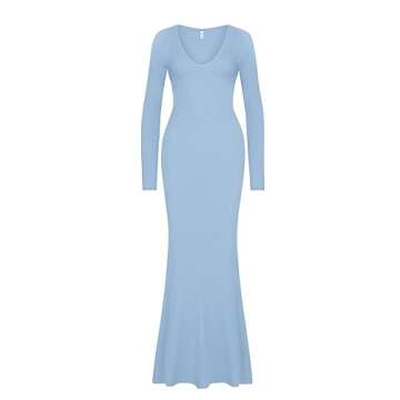 REORIA Women's Sexy Soft Lounge Ribbed Long Dress Fall Elegant Formal Wedding Guest Long Sleeve Deep V Neck Bodycon Maxi Dresses Blue Small