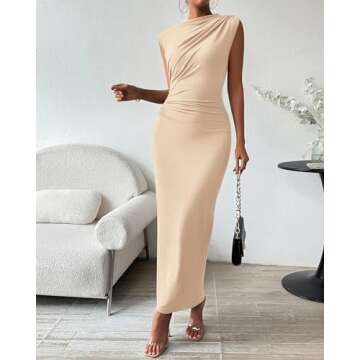 BTFBM Women's Ruched Bodycon Dress Summer Casual Sleeveless Back Slit Elegant Club Evening Party Cocktail Maxi Dresses(Solid Beige, Large)