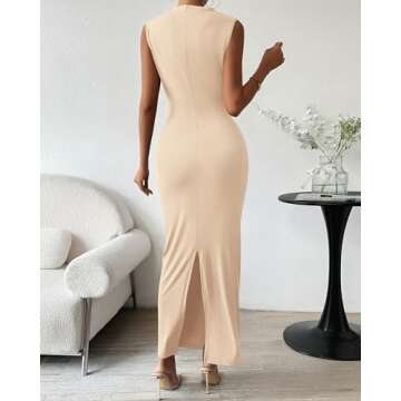 BTFBM Women's Ruched Bodycon Dress Summer Casual Sleeveless Back Slit Elegant Club Evening Party Cocktail Maxi Dresses(Solid Beige, Large)