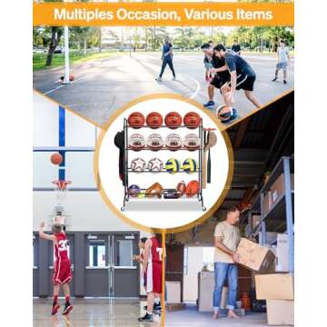 EXTCCT Basketball Rack, Outdoor Rolling Basketball Shooting Training Stand,Sports Equipment Storage with Wheels, Garage Four-layer ball Holder With Two Basket For Basketballs Footballs Volleyball