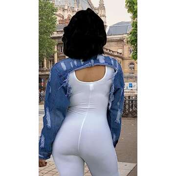 YouSexy Cropped Denim Jackets for Women Long Sleeve Destroyed Wash Jean Jackets Large