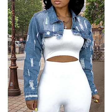 YouSexy Cropped Denim Jackets for Women Long Sleeve Destroyed Wash Jean Jackets Large