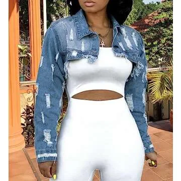 YouSexy Cropped Denim Jackets for Women Long Sleeve Destroyed Wash Jean Jackets Large