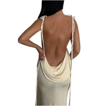 JUMISEE Women Sexy Backless Draped Maxi Dress Elegant Sleeveless Spaghetti Strap Evening Dress Long Club Party Beach Dress Beige