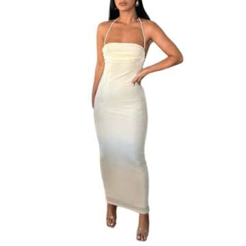 JUMISEE Women Sexy Backless Draped Maxi Dress Elegant Sleeveless Spaghetti Strap Evening Dress Long Club Party Beach Dress Beige