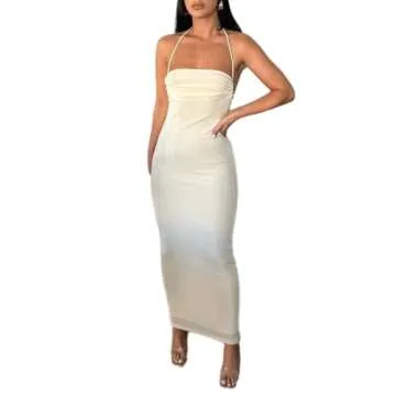 JUMISEE Women Sexy Backless Draped Maxi Dress Elegant Sleeveless Spaghetti Strap Evening Dress Long Club Party Beach Dress Beige