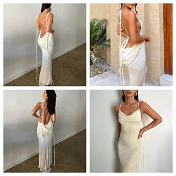 JUMISEE Women Sexy Backless Draped Maxi Dress Elegant Sleeveless Spaghetti Strap Evening Dress Long Club Party Beach Dress Beige