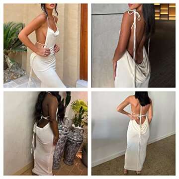 JUMISEE Women Sexy Backless Draped Maxi Dress Elegant Sleeveless Spaghetti Strap Evening Dress Long Club Party Beach Dress Beige