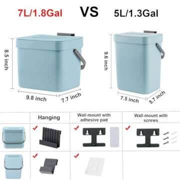 LALASTAR Kitchen Compost Bin, Hanging Trash Can with Lid for Kitchen Cabinet Door, Under Sink, Wall Mounted Waste Bin for Bathroom, 1.8 Gallon, Blue