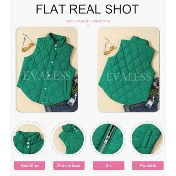 EVALESS Womens Fall Spring 2025 Fashion Cropped Puffer Vest Lightweight Quilted Stand Collar Sleeveless Jackets Fall Spring 2025 Button Zip Up Warm Coats Outerwear with Pockets Green Medium
