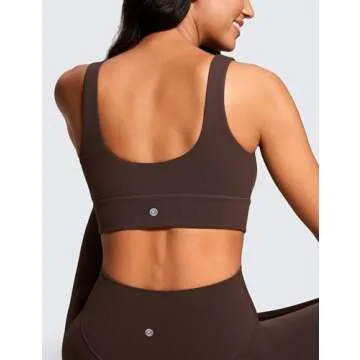 CRZ YOGA Butterluxe Womens U Back Sports Bra - Scoop Neck Padded Low Impact Yoga Clothes Workout Crop Top with Built in Pads Hot Fudge Brown Medium