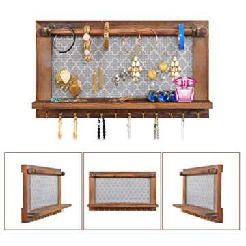 ASHLEYRIVER Wall Mounted Rustic Wood Jewelry Organizer Holder with Hooks Shelf for Hanging Earrings Necklaces Bracelets Other Accessories-Rustic
