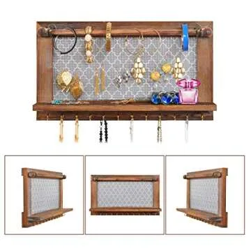 ASHLEYRIVER Wall Mounted Rustic Wood Jewelry Organizer Holder with Hooks Shelf for Hanging Earrings Necklaces Bracelets Other Accessories-Rustic
