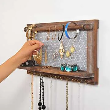 ASHLEYRIVER Wall Mounted Rustic Wood Jewelry Organizer Holder with Hooks Shelf for Hanging Earrings Necklaces Bracelets Other Accessories-Rustic