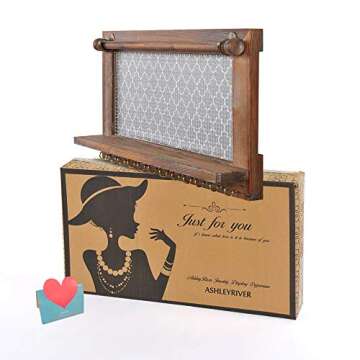 ASHLEYRIVER Wall Mounted Rustic Wood Jewelry Organizer Holder with Hooks Shelf for Hanging Earrings Necklaces Bracelets Other Accessories-Rustic