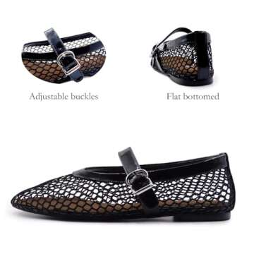 VBDB Black Mesh Flats for Women Round Toe Buckle Strap Wide Width Mary Jane Mesh Flats Comfy Casual ...