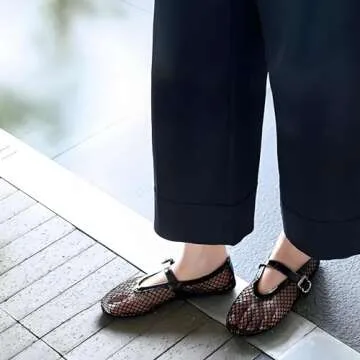 VBDB Black Mesh Flats for Women Round Toe Buckle Strap Wide Width Mary Jane Mesh Flats Comfy Casual Office Summer Fishnet Ballerina Flats Shoes Size 9