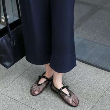 VBDB Black Mesh Flats for Women Round Toe Buckle Strap Wide Width Mary Jane Mesh Flats Comfy Casual Office Summer Fishnet Ballerina Flats Shoes Size 9