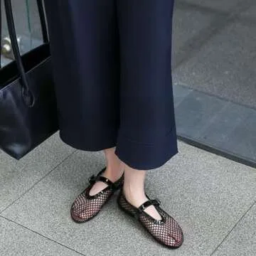 VBDB Black Mesh Flats for Women Round Toe Buckle Strap Wide Width Mary Jane Mesh Flats Comfy Casual Office Summer Fishnet Ballerina Flats Shoes Size 9