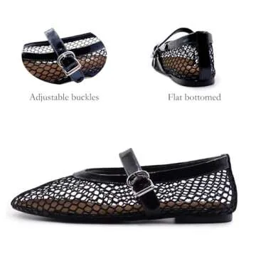 VBDB Black Mesh Flats for Women Round Toe Buckle Strap Wide Width Mary Jane Mesh Flats Comfy Casual Office Summer Fishnet Ballerina Flats Shoes Size 9