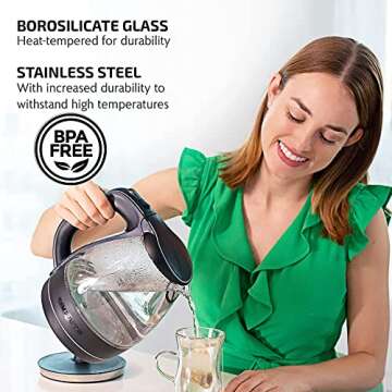 OVENTE Glass Electric Kettle Water Boiler 1.5 Liter Borosilicate Glass Fast Boiling Countertop Heate...