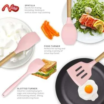 Silicone Kitchen Utensils Set - 446°F Heat Resistant Cooking Utensil Sets, Spatula,Turner,Tongs,Spoon,Brush,Whisk, Wooden Handle Silicone Kitchen Gadgets Tools for Non-Stick Cookware BPA Free (Pink)