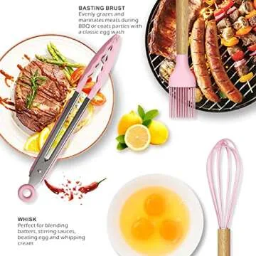 Silicone Kitchen Utensils Set - 446°F Heat Resistant Cooking Utensil Sets, Spatula,Turner,Tongs,Spoon,Brush,Whisk, Wooden Handle Silicone Kitchen Gadgets Tools for Non-Stick Cookware BPA Free (Pink)
