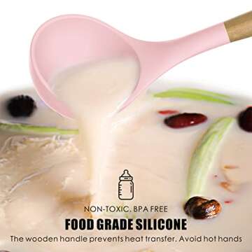 Silicone Kitchen Utensils Set - 446°F Heat Resistant Cooking Utensil Sets, Spatula,Turner,Tongs,Spoon,Brush,Whisk, Wooden Handle Silicone Kitchen Gadgets Tools for Non-Stick Cookware BPA Free (Pink)