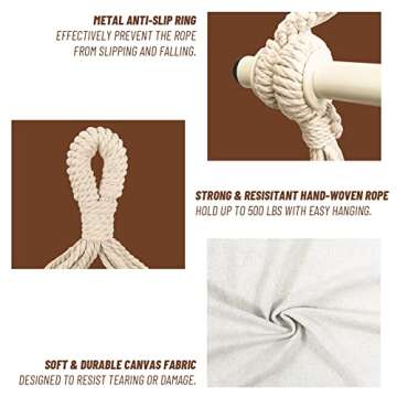 Highwild Hammock Chair Hanging Rope Swing - Max 500 Lbs - 2 Cushions Included - Steel Spreader Bar with Anti-Slip Rings - for Any Indoor or Outdoor Spaces (Beige)