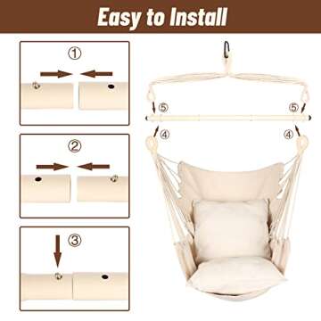 Highwild Hammock Chair Hanging Rope Swing - Max 500 Lbs - 2 Cushions Included - Steel Spreader Bar with Anti-Slip Rings - for Any Indoor or Outdoor Spaces (Beige)