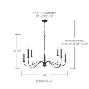 Capital Lighting 437281BI Vincent Classic/Traditional Large Candle Round Chandelier, 8-Light 480 Total Watts, 30" H x 40" W, Black Iron