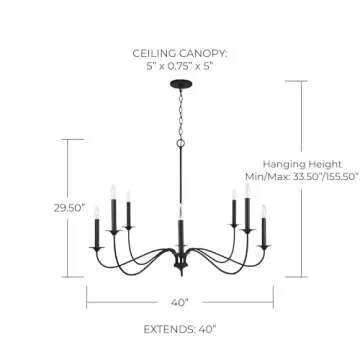 Capital Lighting 437281BI Vincent Classic/Traditional Large Candle Round Chandelier, 8-Light 480 Total Watts, 30" H x 40" W, Black Iron