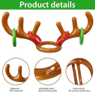 4 PCS Inflatable Reindeer Antler Ring Toss Game, Antler Hat with Rings Hook Game, Christmas Party Games Supplies Ring Toss Hook Game for Kids Adults Family Xmas with Air Pump (16 Rings, 4 Antlers)