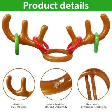 4 PCS Inflatable Reindeer Antler Ring Toss Game, Antler Hat with Rings Hook Game, Christmas Party Games Supplies Ring Toss Hook Game for Kids Adults Family Xmas with Air Pump (16 Rings, 4 Antlers)