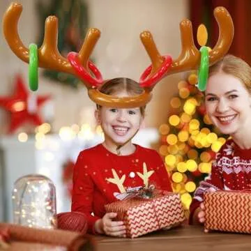 4 PCS Inflatable Reindeer Antler Ring Toss Game, Antler Hat with Rings Hook Game, Christmas Party Games Supplies Ring Toss Hook Game for Kids Adults Family Xmas with Air Pump (16 Rings, 4 Antlers)