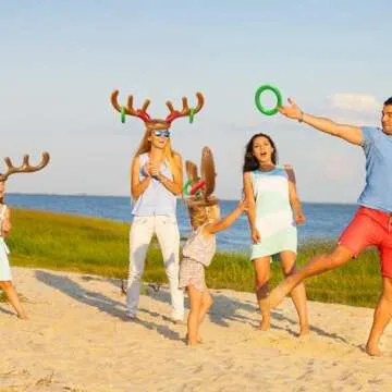4 PCS Inflatable Reindeer Antler Ring Toss Game, Antler Hat with Rings Hook Game, Christmas Party Games Supplies Ring Toss Hook Game for Kids Adults Family Xmas with Air Pump (16 Rings, 4 Antlers)