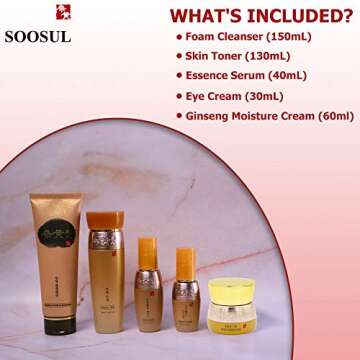 Soosul Ginseng Fabulous Five Piece Anti-Aging Set | Foam Cleanser, Skin Toner, Ginseng Moisture Cream, Eye Cream, Essence Serum, For Skincare | South Korean Traditional Recipe Works For All Skin Types