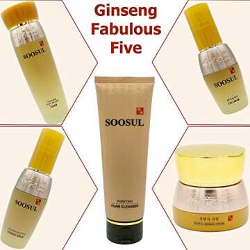 Soosul Ginseng Fabulous Five Piece Anti-Aging Set | Foam Cleanser, Skin Toner, Ginseng Moisture Cream, Eye Cream, Essence Serum, For Skincare | South Korean Traditional Recipe Works For All Skin Types
