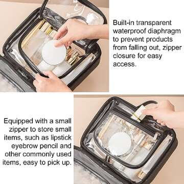 Veki TSA Approved Toiletry Bag Transparent Makeup bag Double Travel Cosmetic bags Case Waterproof Toiletries Bag Large Capacity Open Storage bag Organizer for Women and Girls (Small Black)