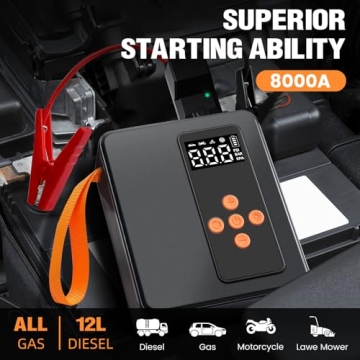 Jump Starter 8000A Peak with 200PSI Air Compressor, Portable Battery Charger for All Gas 12L Diesel ...